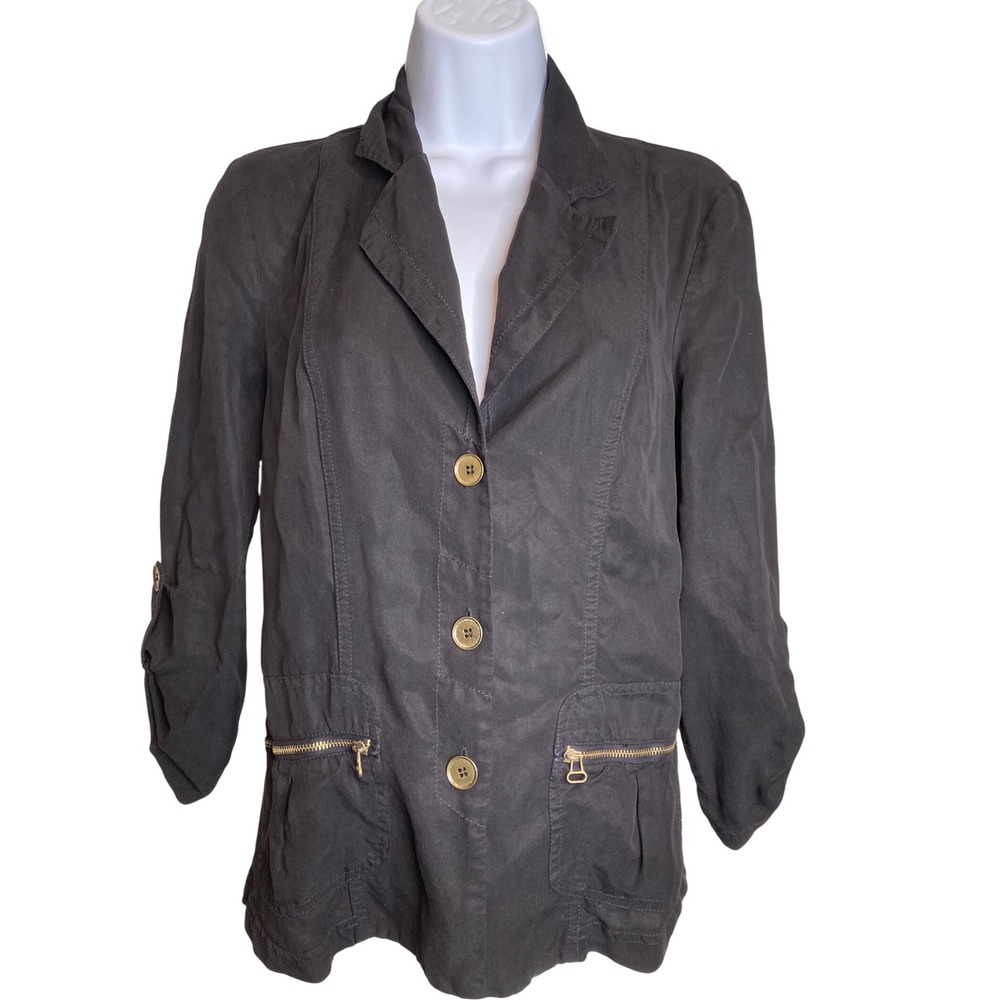 XCVI Womens Black Blazer Sz XS Linen Blend Roll Tab Sleeve Slouchy Boho‎ Coastal